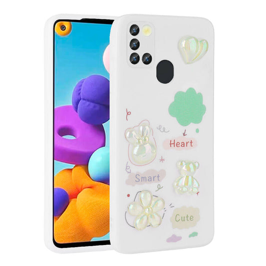 Galaxy A21S Kılıf Kabartma Figürlü Parlak Zore Toys Silikon Kapak Beyaz