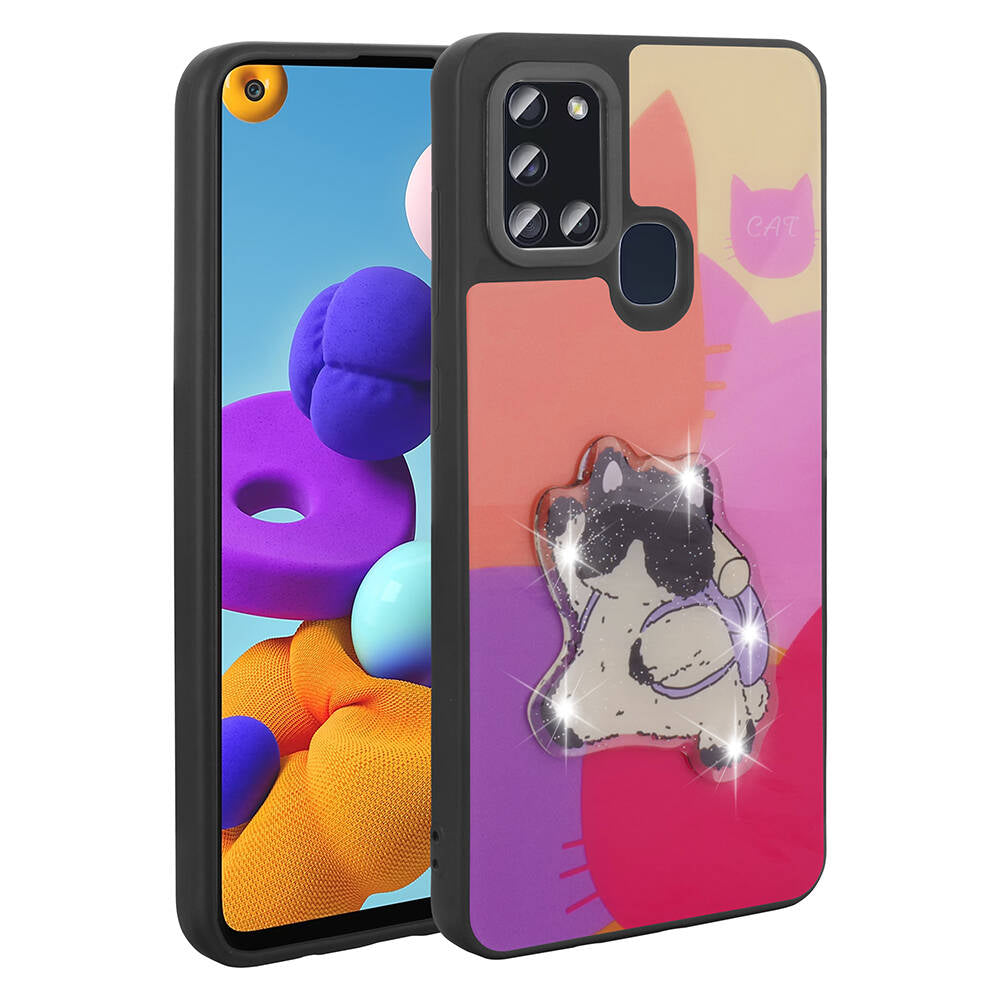 Galaxy A21S Kılıf Parlayan Kabartmalı İkonik Figürlü Zore Amas Silikon Kapak Mor