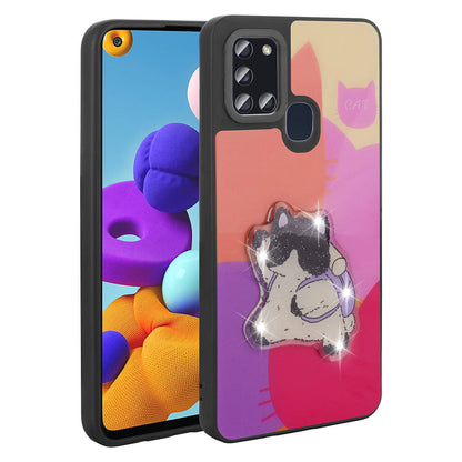 Galaxy A21S Kılıf Parlayan Kabartmalı İkonik Figürlü Zore Amas Silikon Kapak Mor