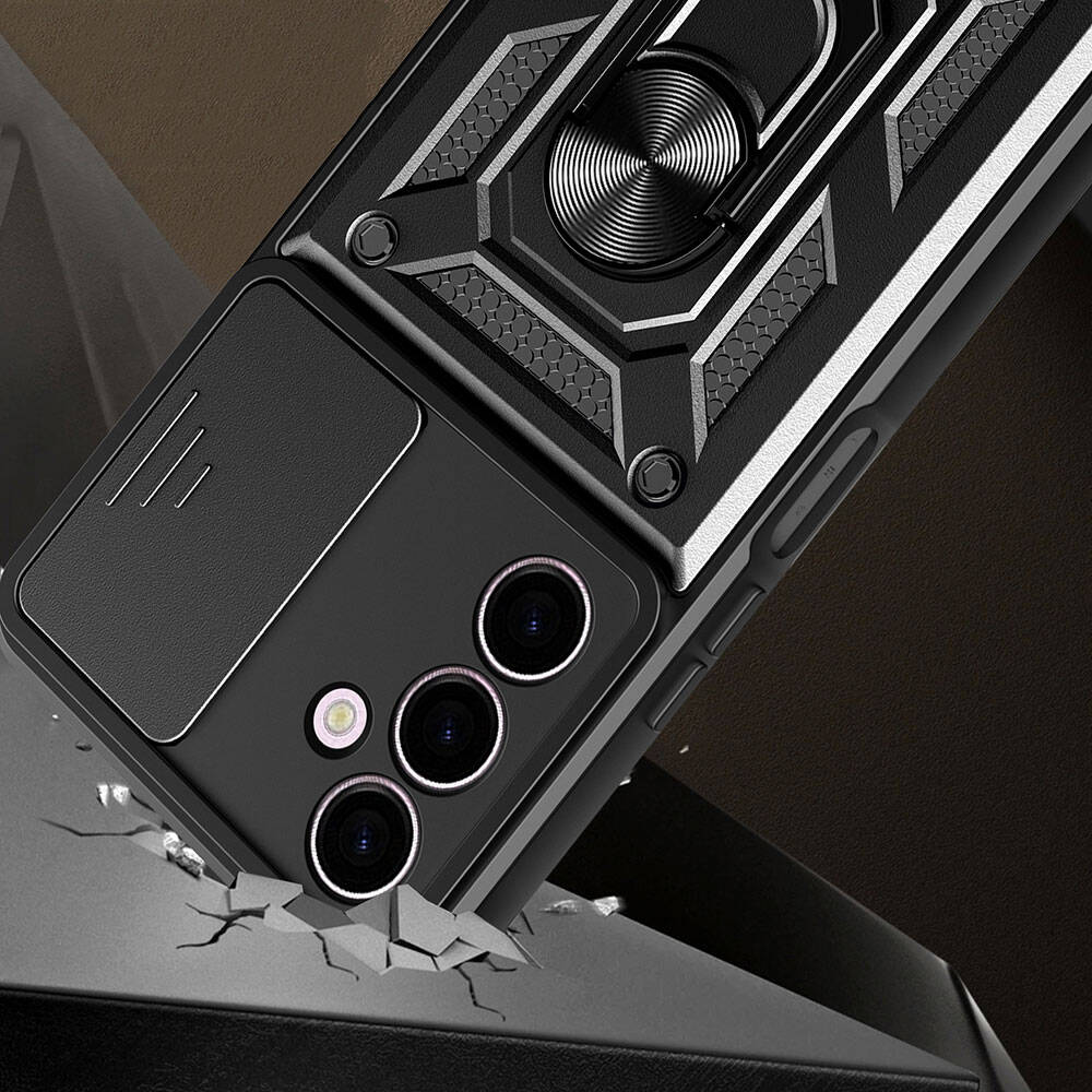 Galaxy A24 Kılıf Magnetik Standlı Kamera Korumalı Zore Sürgülü Vega Kapak Siyah