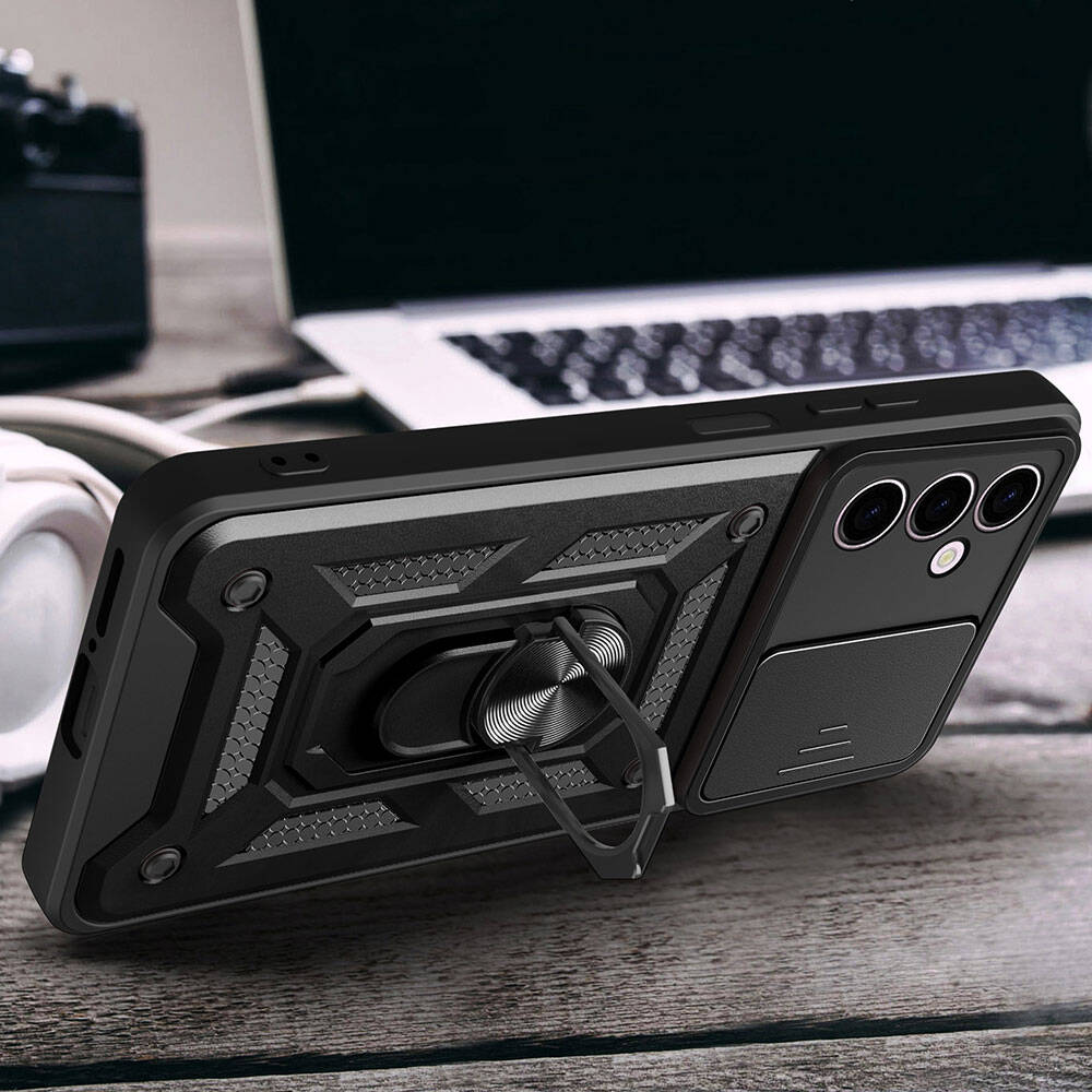 Galaxy A24 Kılıf Magnetik Standlı Kamera Korumalı Zore Sürgülü Vega Kapak Siyah