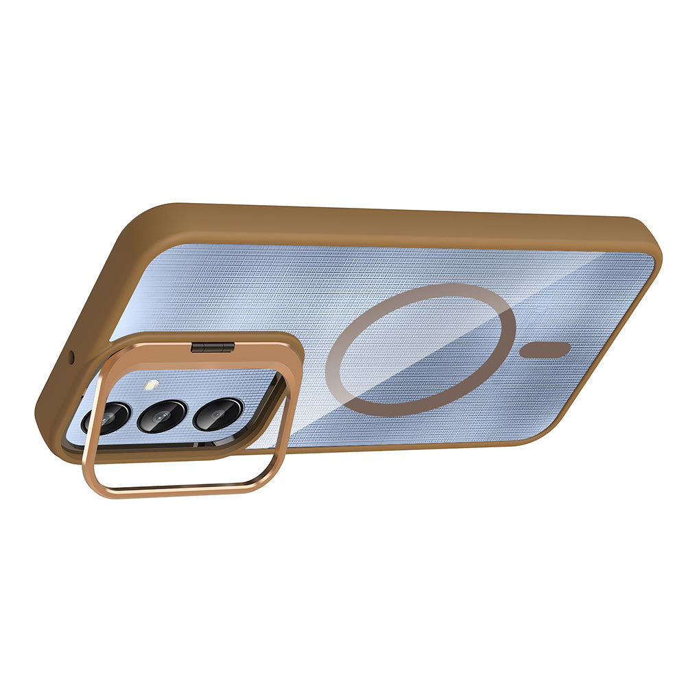 Galaxy A25 Kılıf Standlı ve Kamera Lens Hediyeli M-Safe Şarj Özellikli Zore Etro Kapak Pembe