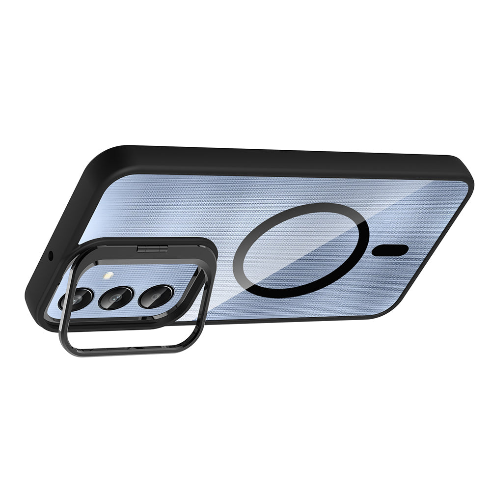 Galaxy A25 Kılıf Standlı ve Kamera Lens Hediyeli M-Safe Şarj Özellikli Zore Etro Kapak Siyah