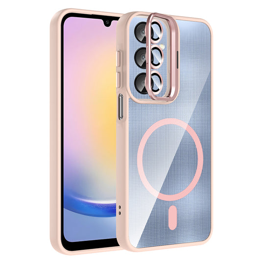 Galaxy A25 Kılıf Standlı ve Kamera Lens Hediyeli M-Safe Şarj Özellikli Zore Etro Kapak Pembe