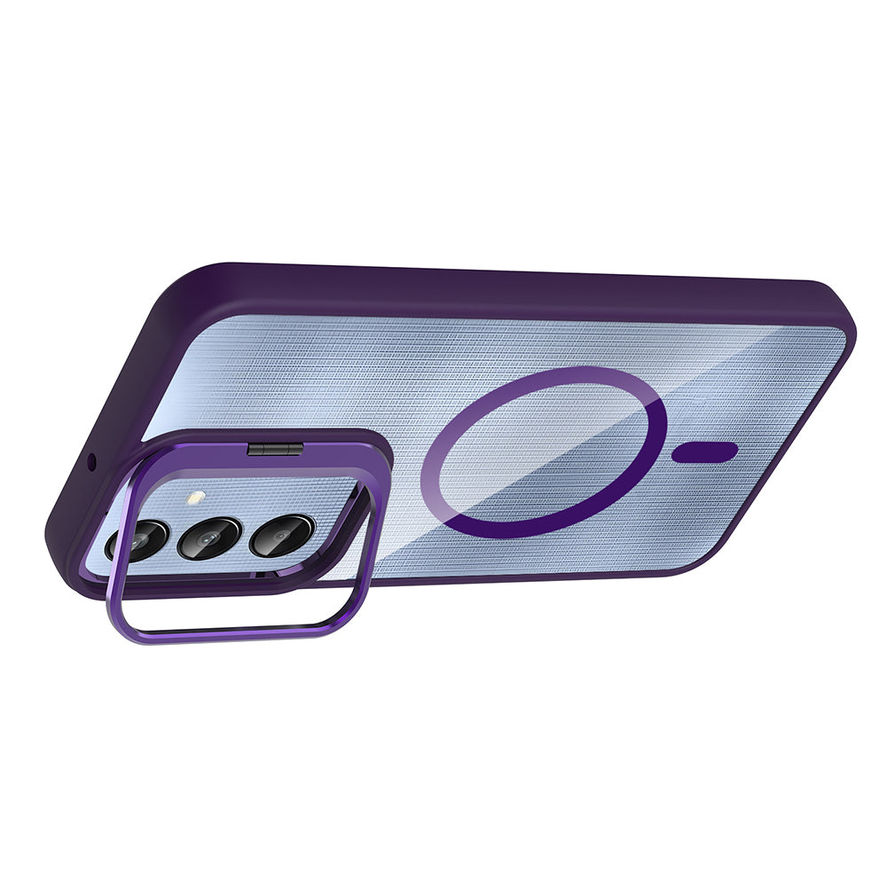 Galaxy A26 Kılıf Standlı ve Kamera Lens Hediyeli M-Safe Şarj Özellikli Zore Etro Kapak Gri