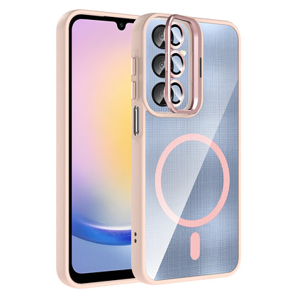 Galaxy A26 Kılıf Standlı ve Kamera Lens Hediyeli M-Safe Şarj Özellikli Zore Etro Kapak Pembe