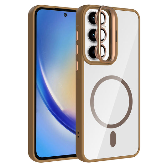 Galaxy A35 Kılıf Standlı ve Kamera Lens Hediyeli M-Safe Şarj Özellikli Zore Etro Kapak Pembe