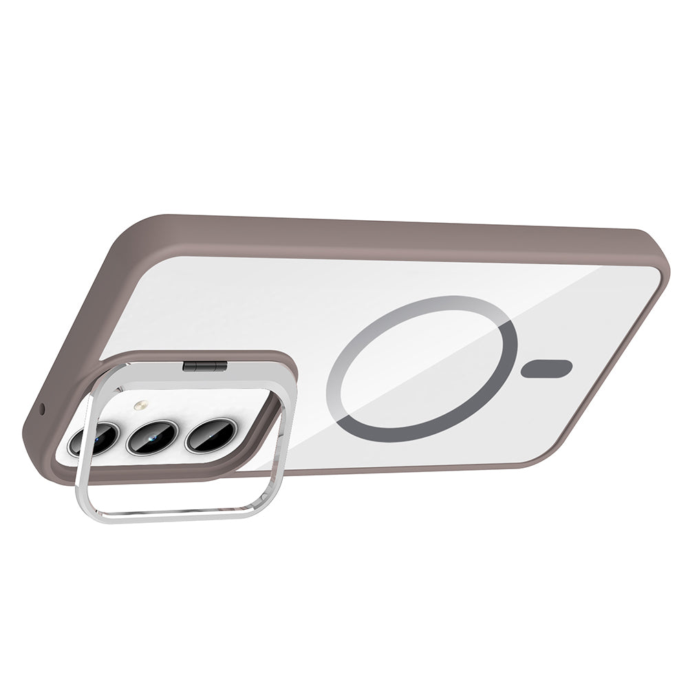 Galaxy A55 Kılıf Standlı ve Kamera Lens Hediyeli M-Safe Şarj Özellikli Zore Etro Kapak Gri