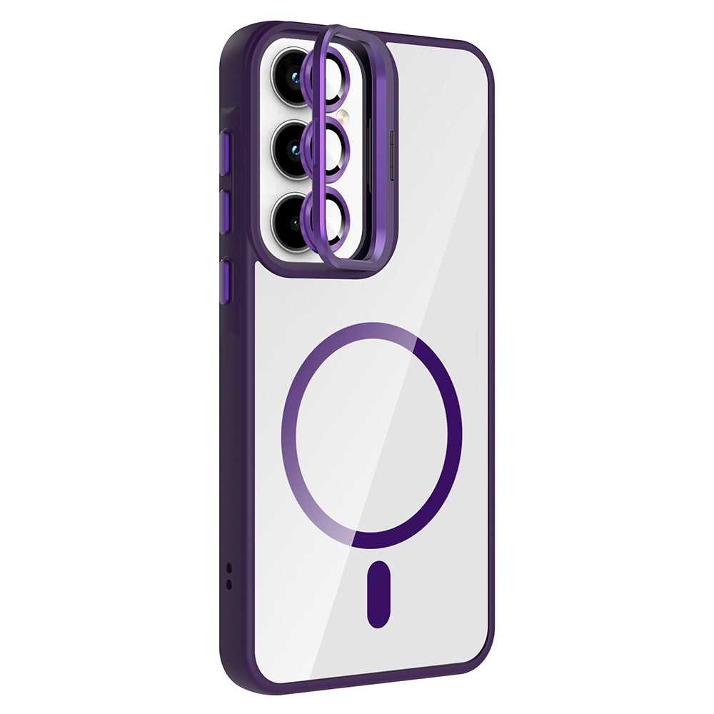 Galaxy A55 Kılıf Standlı ve Kamera Lens Hediyeli M-Safe Şarj Özellikli Zore Etro Kapak Lacivert