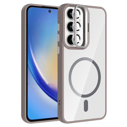 Galaxy A55 Kılıf Standlı ve Kamera Lens Hediyeli M-Safe Şarj Özellikli Zore Etro Kapak Gri