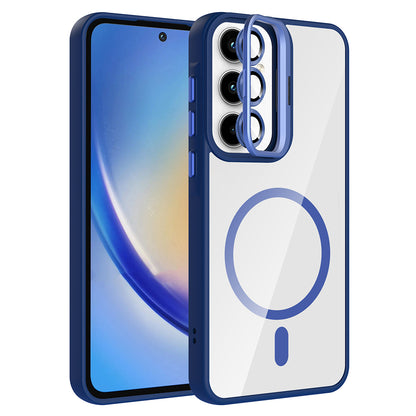 Galaxy A55 Kılıf Standlı ve Kamera Lens Hediyeli M-Safe Şarj Özellikli Zore Etro Kapak Lacivert