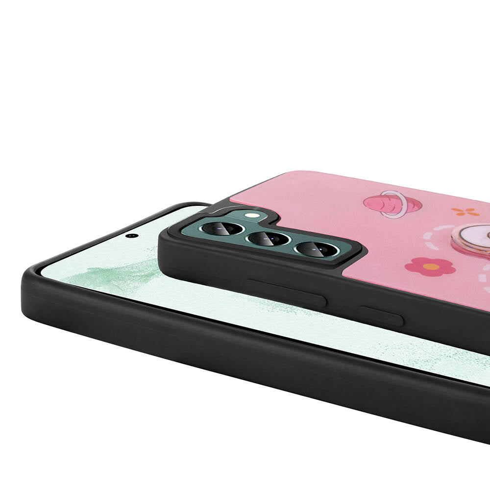 Galaxy S21 FE Kılıf Parlayan Kabartmalı İkonik Figürlü Zore Amas Silikon Kapak Pembe