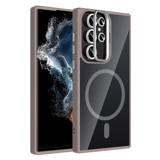 Galaxy S22 Ultra Kılıf Standlı ve Kamera Lens Hediyeli M-Safe Şarj Özellikli Zore Etro Kapak Gri