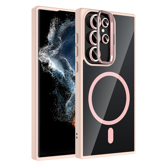 Galaxy S22 Ultra Kılıf Standlı ve Kamera Lens Hediyeli M-Safe Şarj Özellikli Zore Etro Kapak Pembe