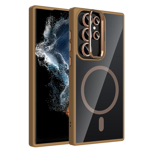 Galaxy S22 Ultra Kılıf Standlı ve Kamera Lens Hediyeli M-Safe Şarj Özellikli Zore Etro Kapak Desert Titanyum