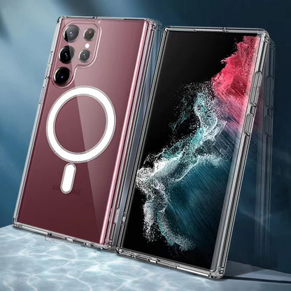 Galaxy S22 Ultra Kılıf Zore M-safe Şarj Özellikli Şeffaf Sert PC Zore Embos Kapak Renksiz