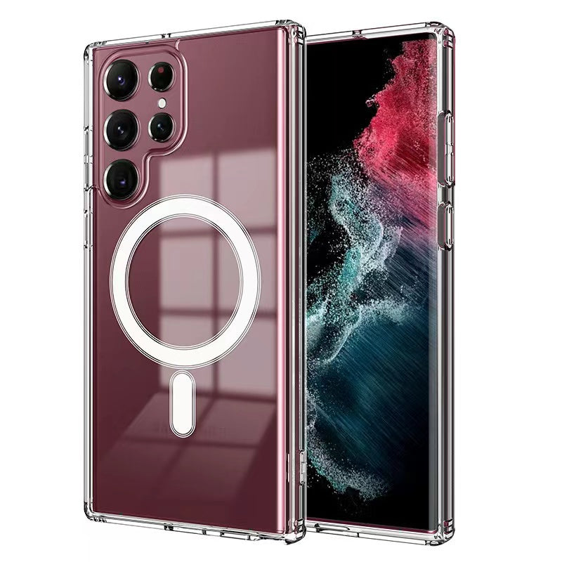 Galaxy S22 Ultra Kılıf Zore M-safe Şarj Özellikli Şeffaf Sert PC Zore Embos Kapak Renksiz