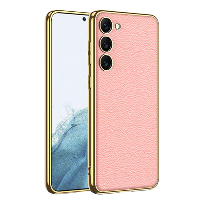 Galaxy S23 Kılıf Deri Görünümlü Kenarları Elektroplating Kaplama Zore Fizyon Kapak