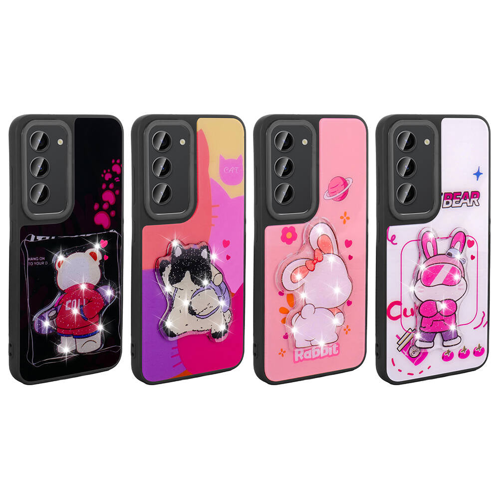 Galaxy S23 Kılıf Parlayan Kabartmalı İkonik Figürlü Zore Amas Silikon Kapak Pembe