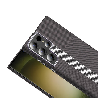 Galaxy S23 Ultra Kılıf M-safe Şarj Özellikli Karbon Fiber Görünümlü Zore Gros Kapak Gold-Siyah