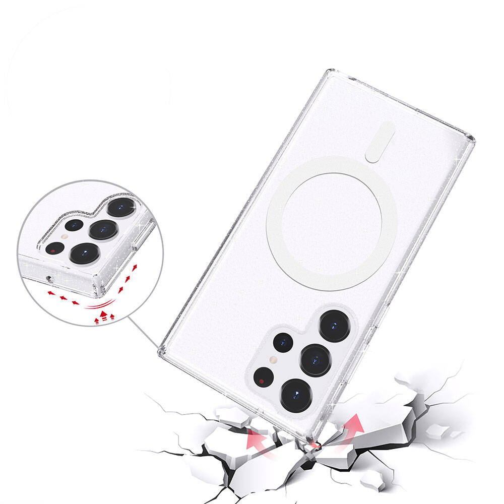 Galaxy S23 Ultra Kılıf M-safe Şarj Özellikli Parlayan Simli Saydam Renkli Zore Allstar Kapak Şeffaf