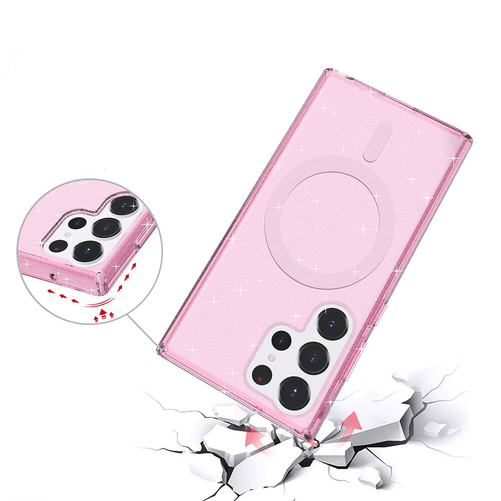 Galaxy S23 Ultra Kılıf M-safe Şarj Özellikli Parlayan Simli Saydam Renkli Zore Allstar Kapak Pembe