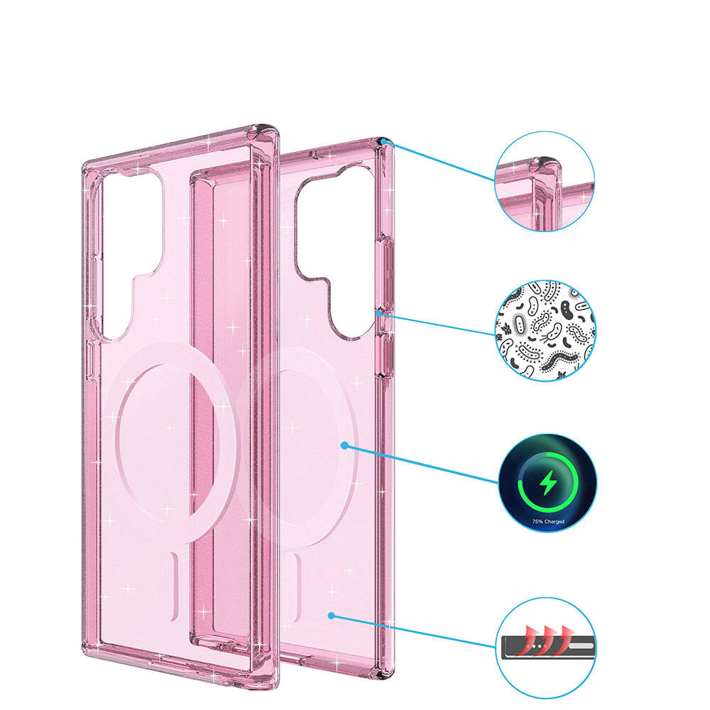 Galaxy S23 Ultra Kılıf M-safe Şarj Özellikli Parlayan Simli Saydam Renkli Zore Allstar Kapak Pembe