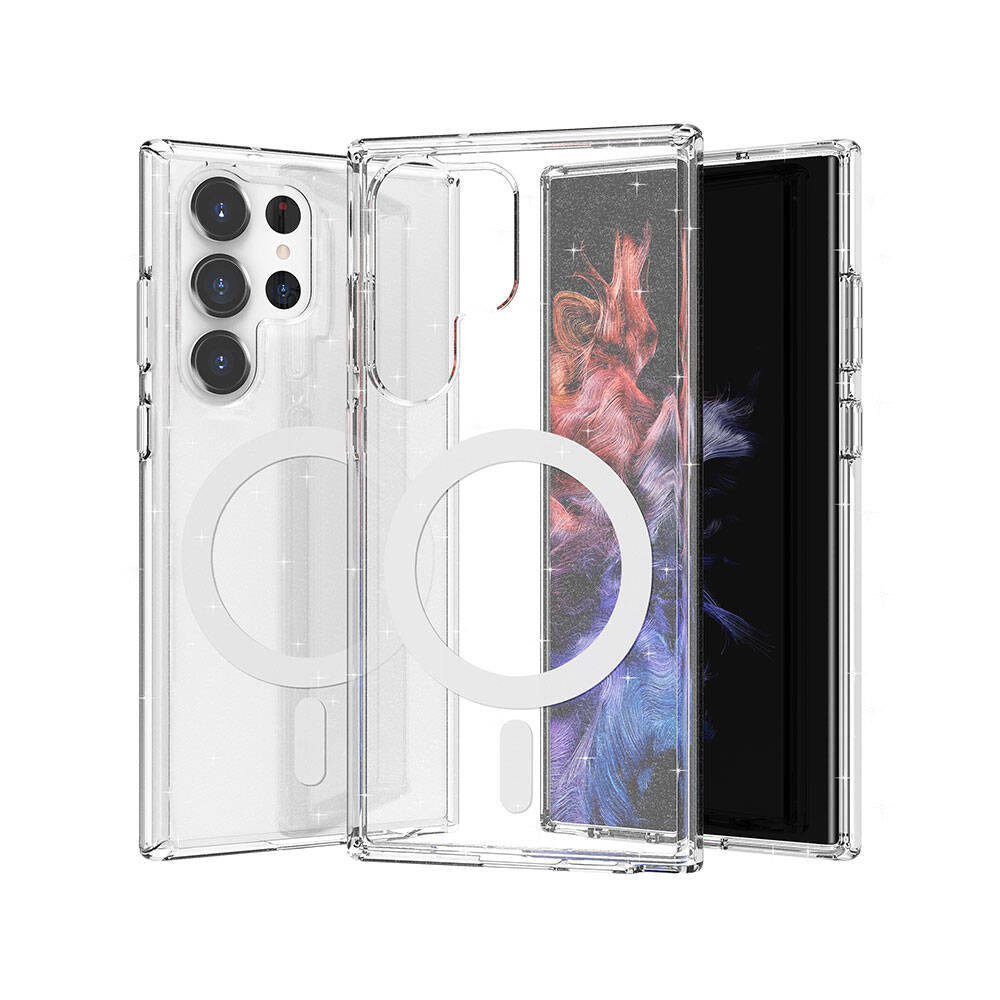 Galaxy S23 Ultra Kılıf M-safe Şarj Özellikli Parlayan Simli Saydam Renkli Zore Allstar Kapak Şeffaf