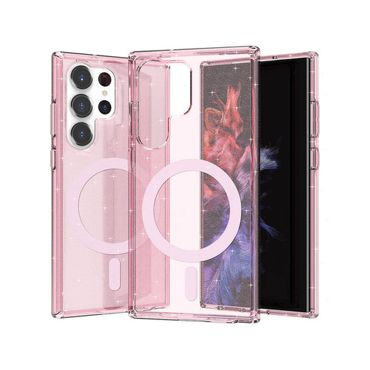 Galaxy S23 Ultra Kılıf M-safe Şarj Özellikli Parlayan Simli Saydam Renkli Zore Allstar Kapak Pembe