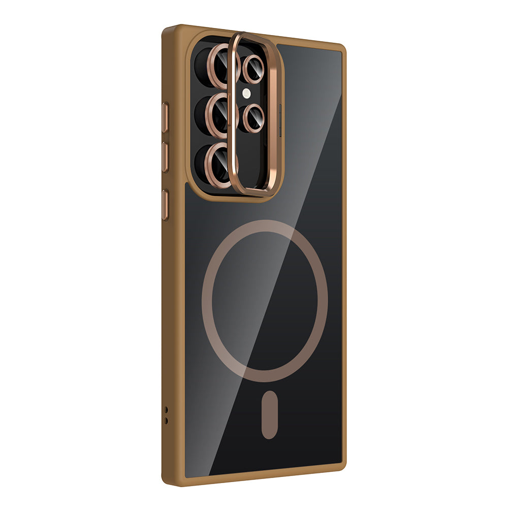 Galaxy S23 Ultra Kılıf Standlı ve Kamera Lens Hediyeli M-Safe Şarj Özellikli Zore Etro Kapak Derin Mor