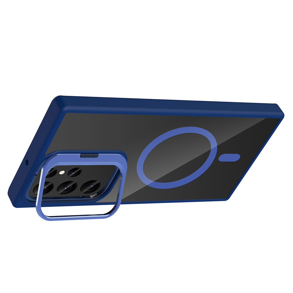 Galaxy S23 Ultra Kılıf Standlı ve Kamera Lens Hediyeli M-Safe Şarj Özellikli Zore Etro Kapak Derin Mor