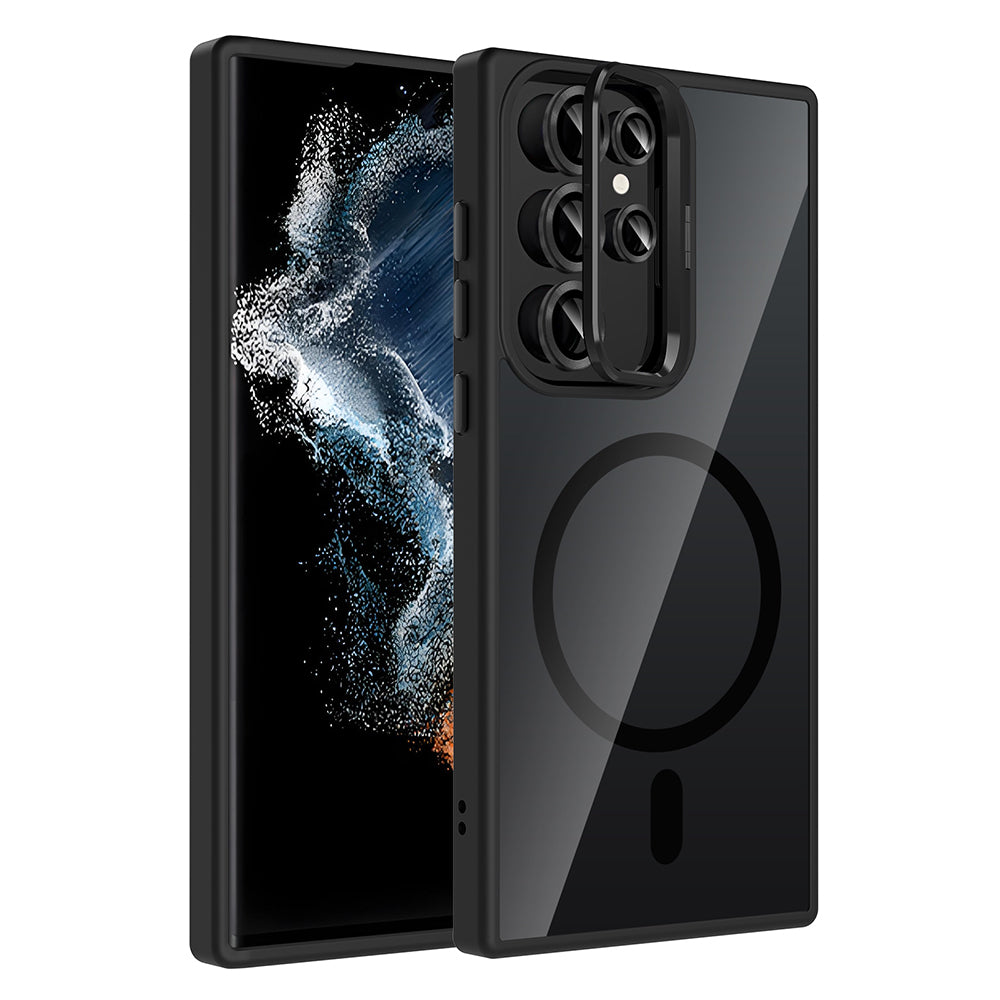 Galaxy S23 Ultra Kılıf Standlı ve Kamera Lens Hediyeli M-Safe Şarj Özellikli Zore Etro Kapak Derin Mor