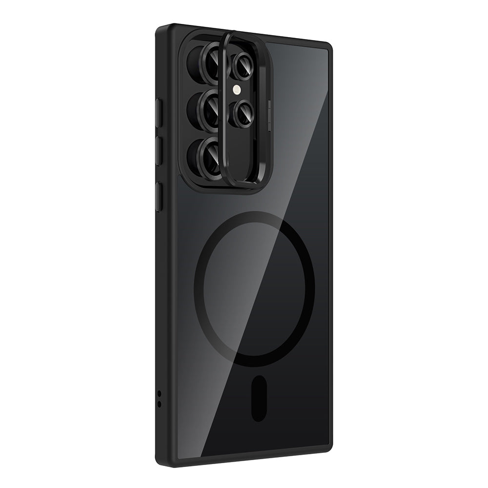 Galaxy S23 Ultra Kılıf Standlı ve Kamera Lens Hediyeli M-Safe Şarj Özellikli Zore Etro Kapak Gri