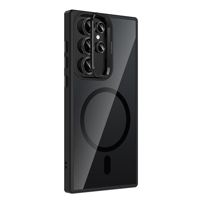 Galaxy S23 Ultra Kılıf Standlı ve Kamera Lens Hediyeli M-Safe Şarj Özellikli Zore Etro Kapak Pembe