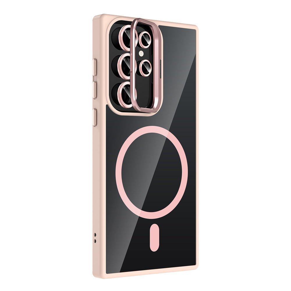 Galaxy S23 Ultra Kılıf Standlı ve Kamera Lens Hediyeli M-Safe Şarj Özellikli Zore Etro Kapak Pembe