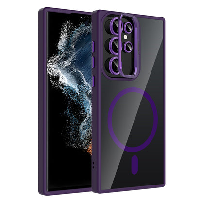 Galaxy S23 Ultra Kılıf Standlı ve Kamera Lens Hediyeli M-Safe Şarj Özellikli Zore Etro Kapak Derin Mor