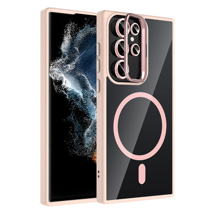 Galaxy S23 Ultra Kılıf Standlı ve Kamera Lens Hediyeli M-Safe Şarj Özellikli Zore Etro Kapak Pembe