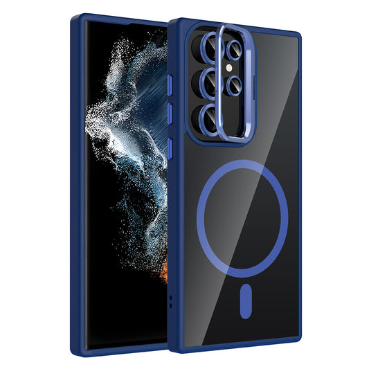 Galaxy S23 Ultra Kılıf Standlı ve Kamera Lens Hediyeli M-Safe Şarj Özellikli Zore Etro Kapak Lacivert