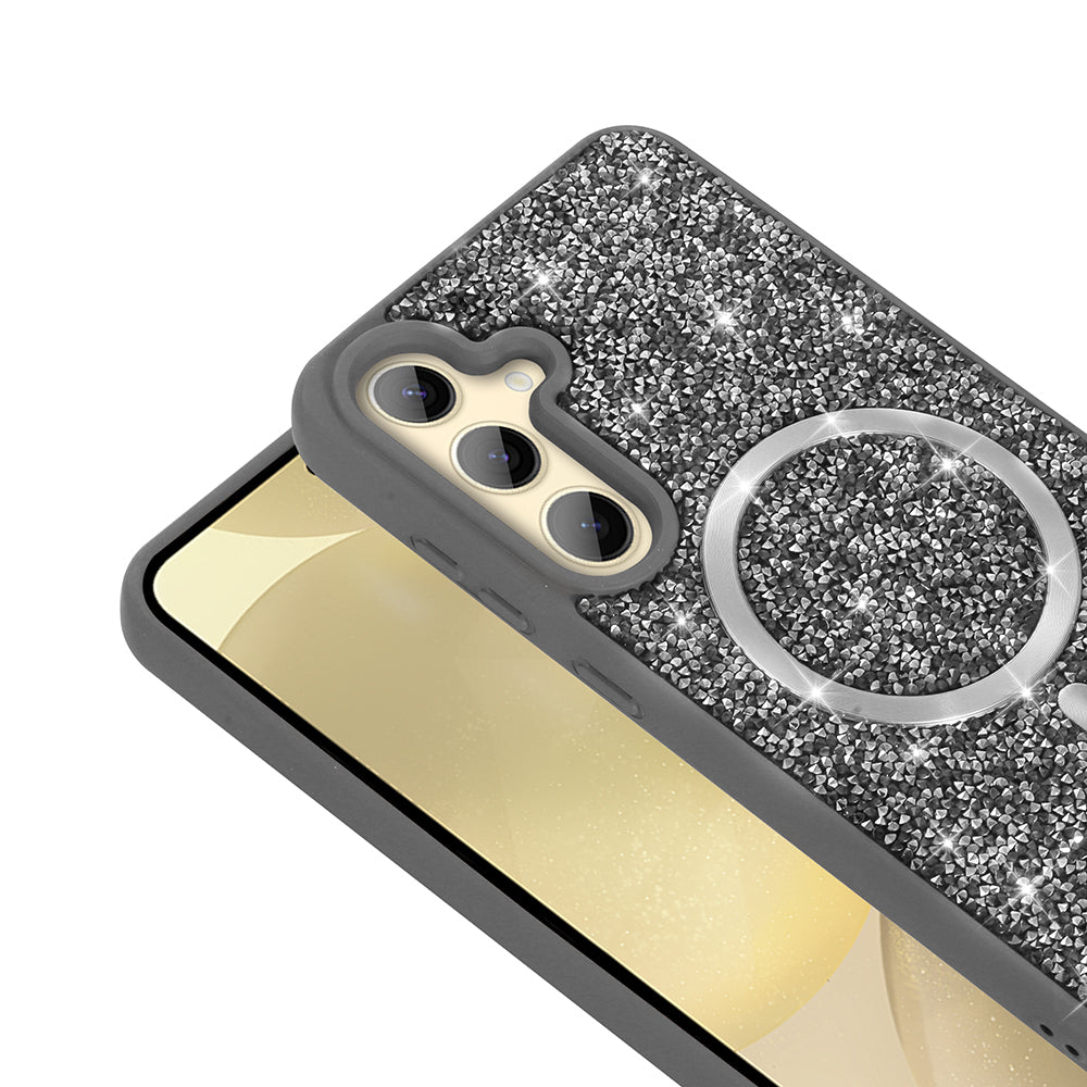 Galaxy S24 FE Kılıf Pırlanta Tasarımlı M-safe Şarj Özellikli Zore Mozaik Silikon Kapak Desert Titanyum