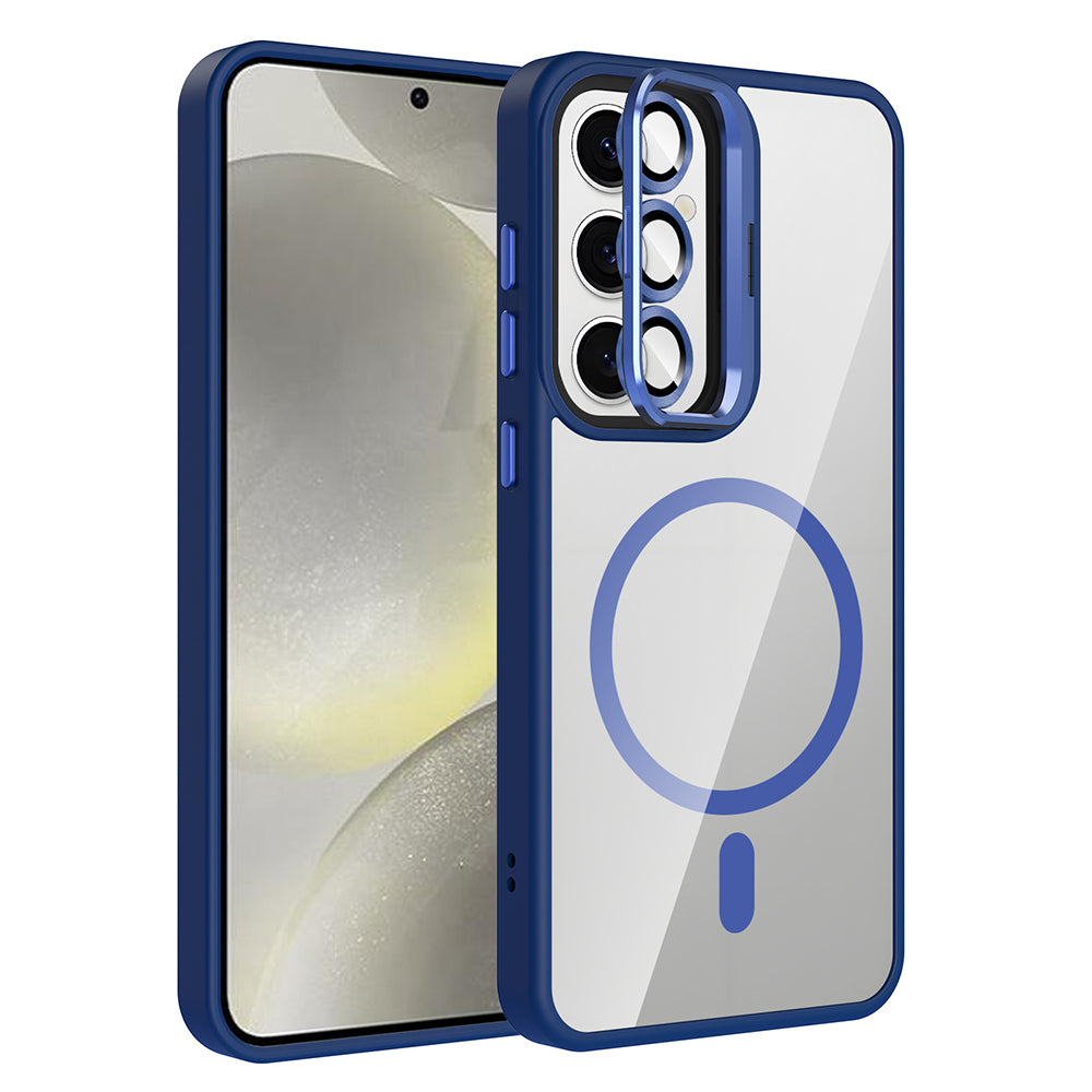 Galaxy S24 FE Kılıf Standlı ve Kamera Lens Hediyeli M-Safe Şarj Özellikli Zore Etro Kapak Lacivert