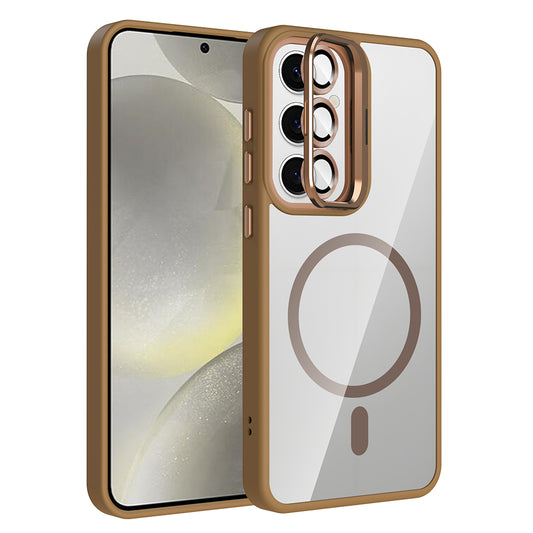 Galaxy S24 FE Kılıf Standlı ve Kamera Lens Hediyeli M-Safe Şarj Özellikli Zore Etro Kapak Desert Titanyum