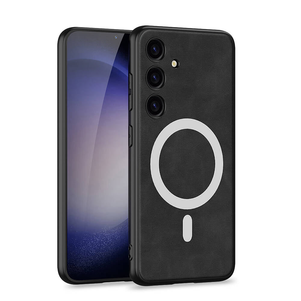 Galaxy S24 Kılıf M-safe Şarj Özellikli Deri Tasarımlı Zore Kıpta Nubuk Kapak Gri