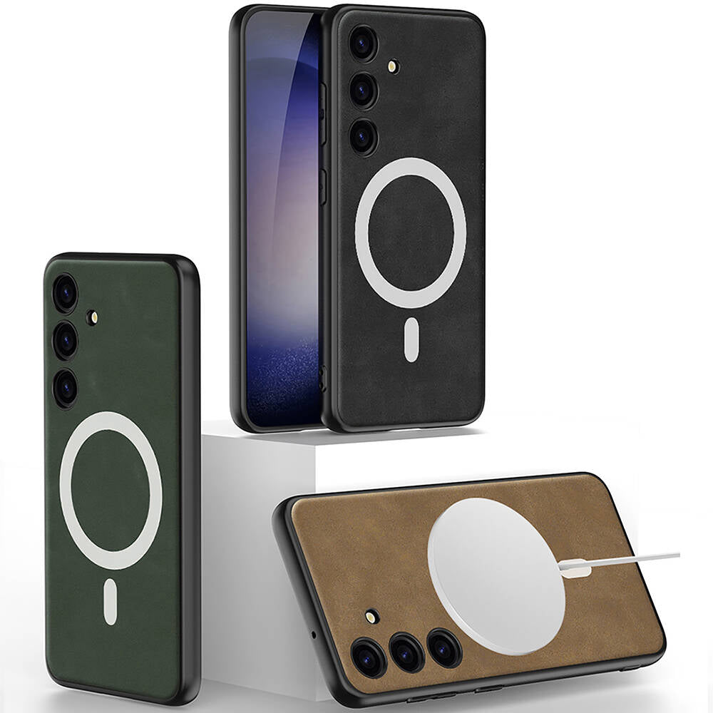 Galaxy S24 Kılıf M-safe Şarj Özellikli Deri Tasarımlı Zore Kıpta Nubuk Kapak Siyah