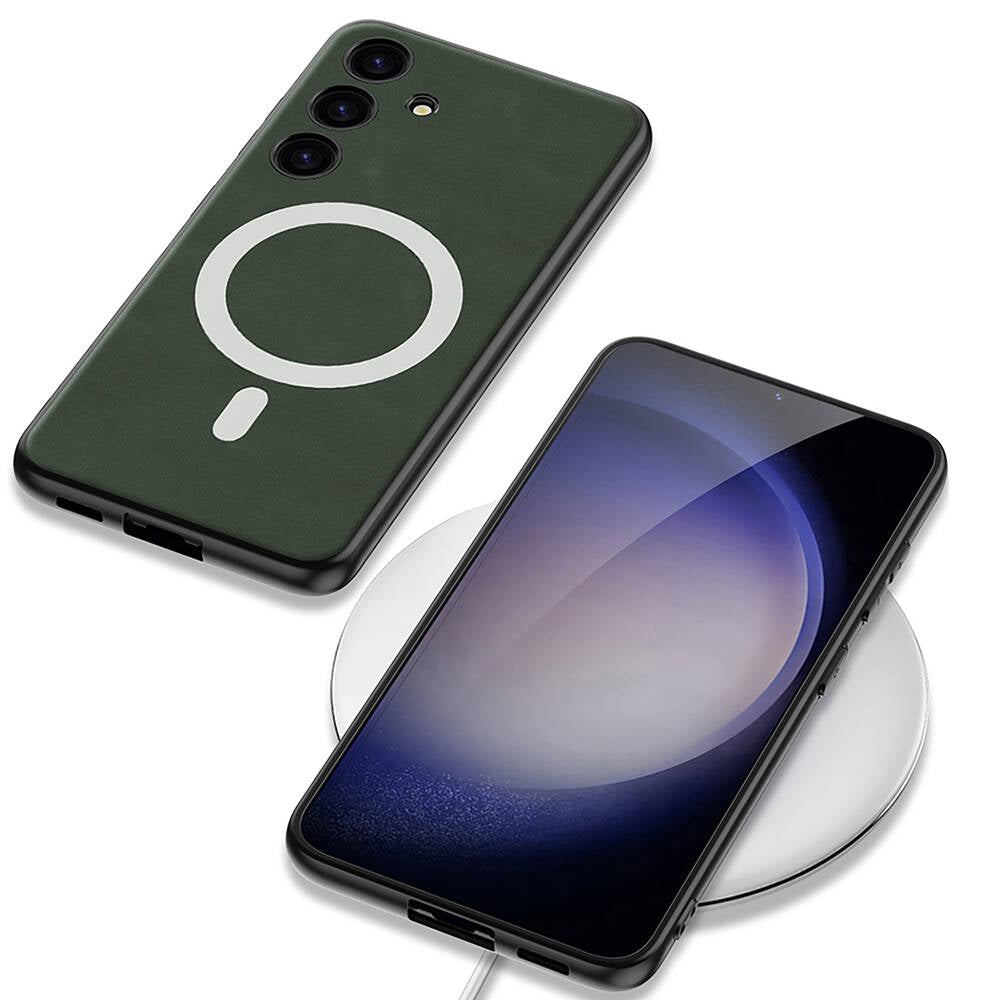 Galaxy S24 Kılıf M-safe Şarj Özellikli Deri Tasarımlı Zore Kıpta Nubuk Kapak Gri