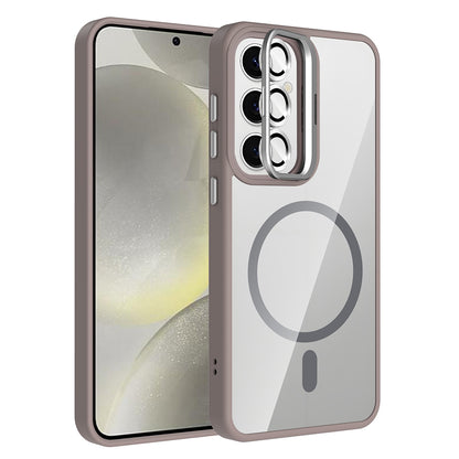 Galaxy S24 Kılıf Standlı ve Kamera Lens Hediyeli M-Safe Şarj Özellikli Zore Etro Kapak Gri