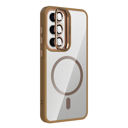 Galaxy S24 Kılıf Standlı ve Kamera Lens Hediyeli M-Safe Şarj Özellikli Zore Etro Kapak Desert Titanyum