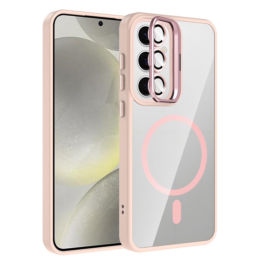 Galaxy S24 Kılıf Standlı ve Kamera Lens Hediyeli M-Safe Şarj Özellikli Zore Etro Kapak Pembe