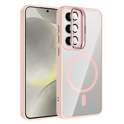 Galaxy S24 Kılıf Standlı ve Kamera Lens Hediyeli M-Safe Şarj Özellikli Zore Etro Kapak Pembe