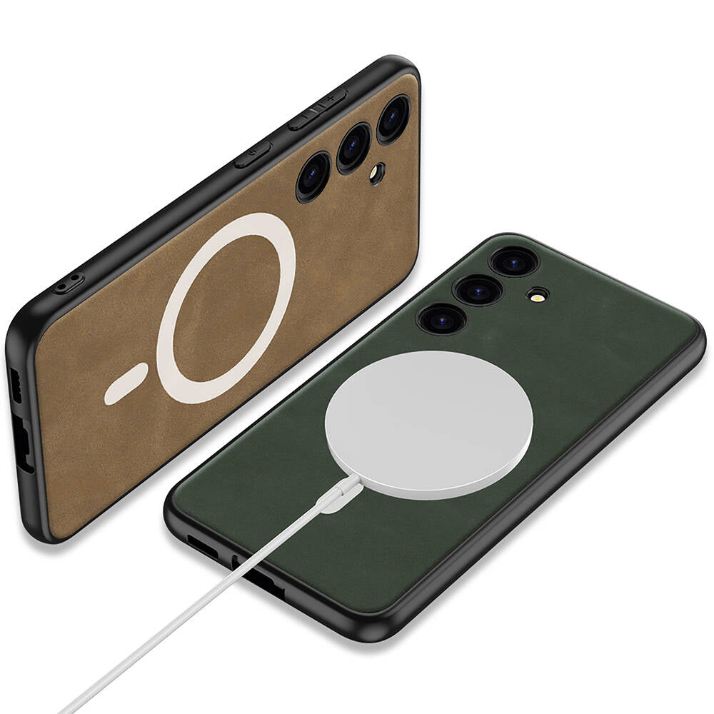 Galaxy S24 Plus Kılıf M-safe Şarj Özellikli Deri Tasarımlı Zore Kıpta Nubuk Kapak Gri