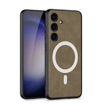 Galaxy S24 Plus Kılıf M-safe Şarj Özellikli Deri Tasarımlı Zore Kıpta Nubuk Kapak Kahverengi